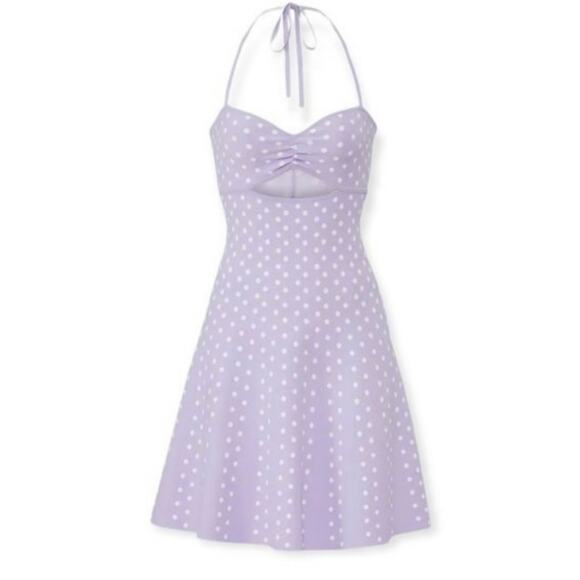 NEW Ronny Kobo Shila Knit Halter Mini Dress XS Lavender Purple Polka Dot Cutout - Picture 1 of 11